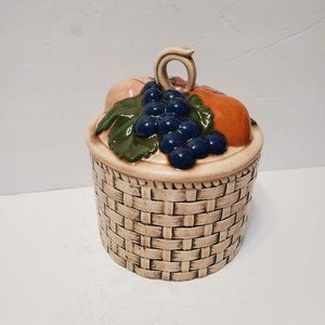 Vintage 1960s Hand Painted Cookie Jar, Ceramic Fruit Flower Basket, Signed Dated